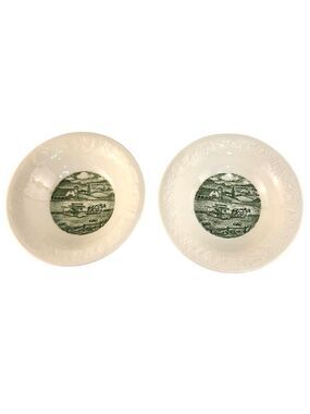 Homer Laughlin Pastoral Horse Farm Harvest Scene Dessert Bowls Pair Green
